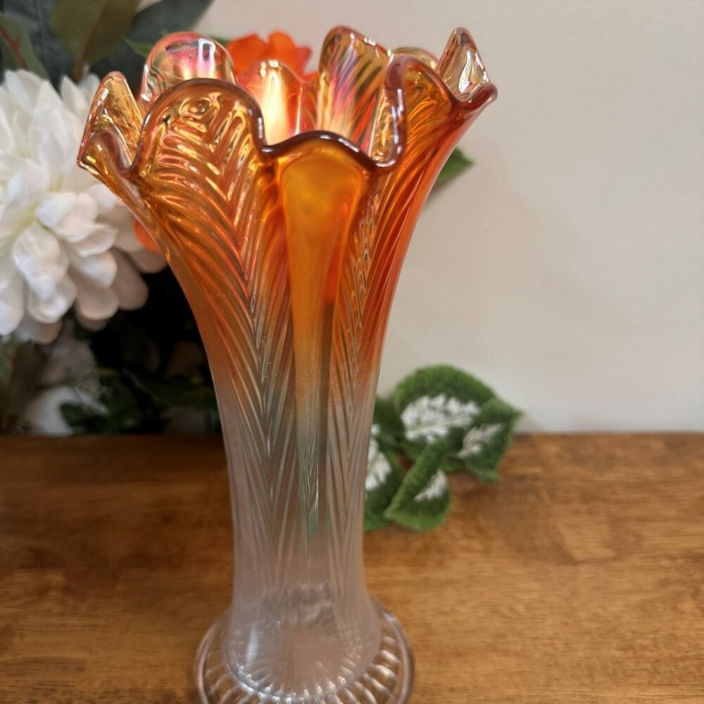 Fenton‎ Swung Vase Marigold Carnival Glass Clear Base Vintage Art Glass